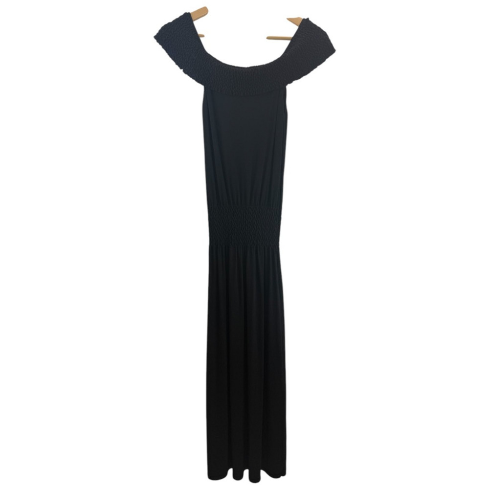 Max Studio Women's Black Off the Shoulder Smocked‎ Maxi Dress S Minimalist Chic